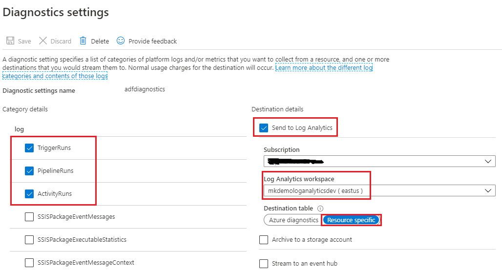 Configure azure data factory diagnostic settings